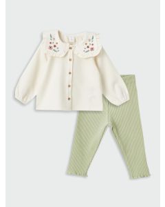 Bebe Collar Long Sleeve Cotton Baby Girl Blouse and Trousers 2-Pack Set