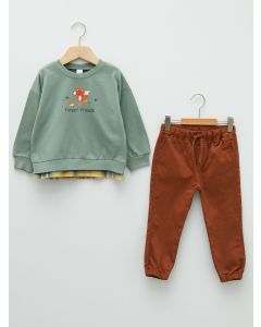 Crew Neck Long Sleeve Printed Baby Boy Sweatshirt and Trousers 2-Pack Set