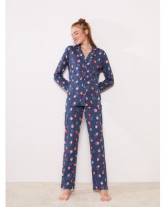 Shirt Neck Patterned Long Sleeve Cotton Women's Pajama Set