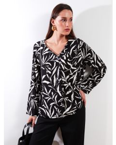 V Neck Patterned Long Sleeve Viscose Women Blouse