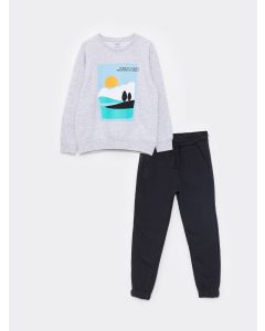 Crew Neck Printed Long Sleeve Boy Sweatshirt and Sweatpants