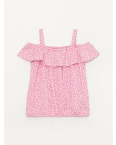 Square Collar Patterned Short Sleeve Girls T-Shirt