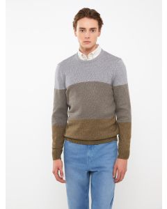 Crew Neck Long Sleeve Men's Tricot Sweater with Color Block