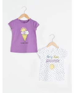 Crew Neck Short Sleeve Printed Cotton Baby Girl T-Shirt 2 Pieces