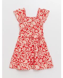 Square Neck Patterned Short Sleeve Girls' Dress