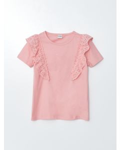 Crew Neck Scalloped Detailed Short Sleeve Girls T-Shirt