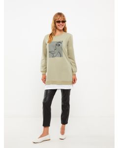 Crew Neck Printed Long Sleeve Oversize Women's Tunic