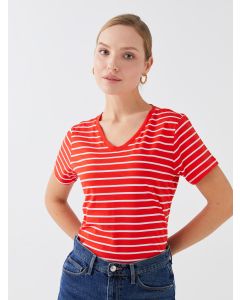 V Neck Striped Short Sleeve Women T-Shirt