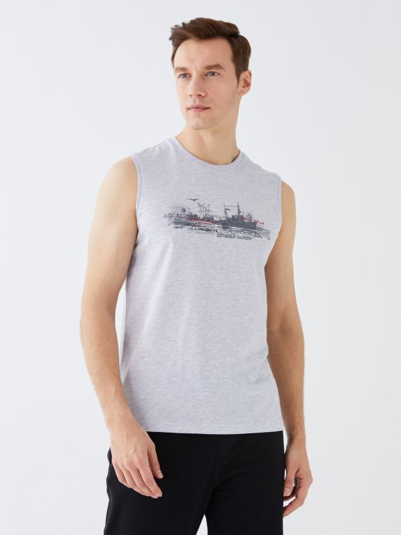 Crew Neck Printed Combed Cotton Men s Sleeveless T Shirt