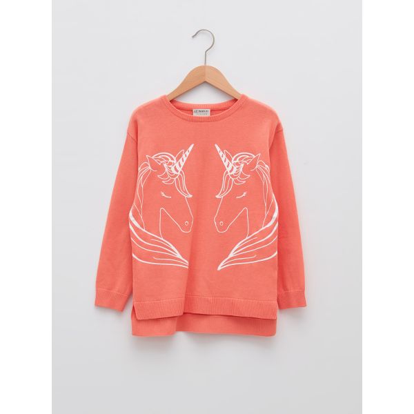 Crew Neck Printed Long Sleeve Girl Tricot Sweater