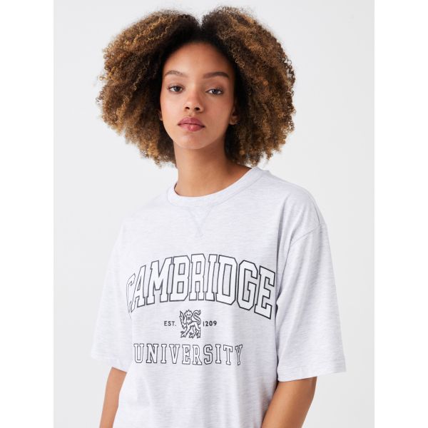 Crew Neck Cambridge University Printed Short Sleeve Oversize Women's T-Shirt