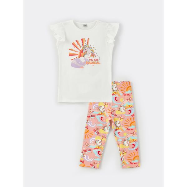 Crew Neck Printed Short Sleeve Girls T-Shirt and Tights