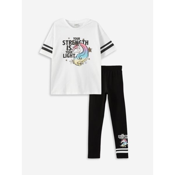 Crew Neck Printed Short Sleeve Girls T-Shirt and Tights