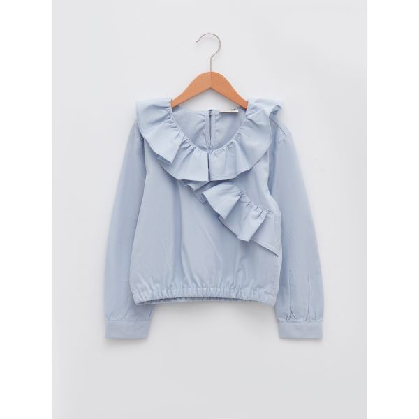 V-Neck Ruffle Detailed Long Sleeve Poplin Girl's Blouse