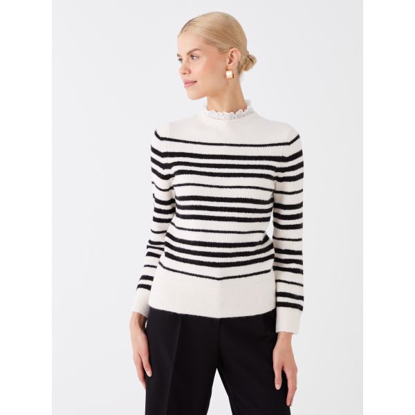 Crew Neck Striped Long Sleeve Women's Tricot Sweater