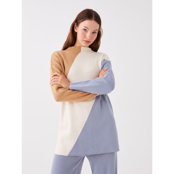 Half Turtleneck Color Block Long Sleeve Oversize Women's Knitwear Tunic