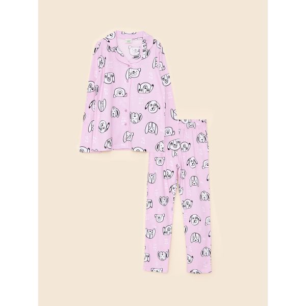 Shirt Neck Printed Long Sleeve Organic Cotton Girl Pajama Set