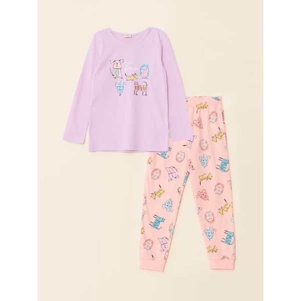 Crew Neck Printed Long Sleeve Organic Cotton Girl Pajama Set