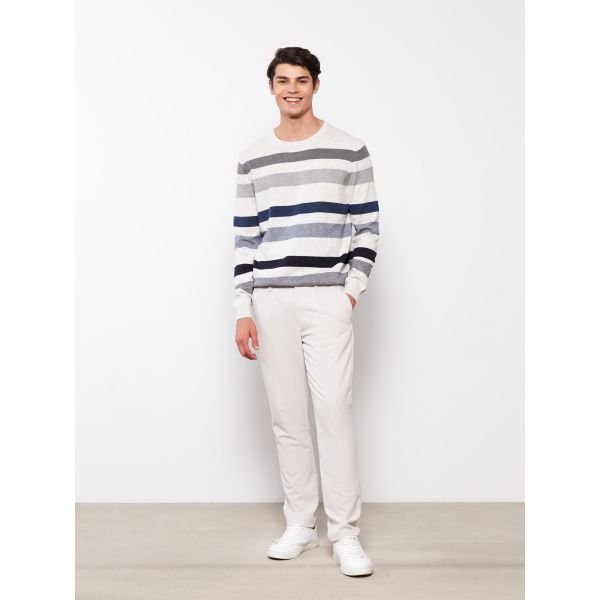 Crew Neck Long Sleeve Striped Men's Tricot Sweater