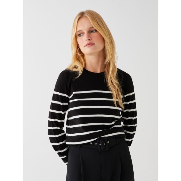 Crew Neck Striped Long Sleeve Women's Tricot Sweater