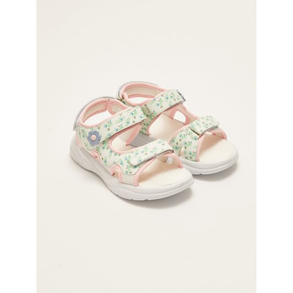 Double Band Patterned Hook and Loop Girls' Sandals