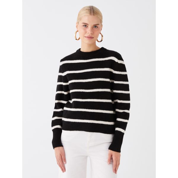 Crew Neck Striped Long Sleeve Women's Tricot Sweater