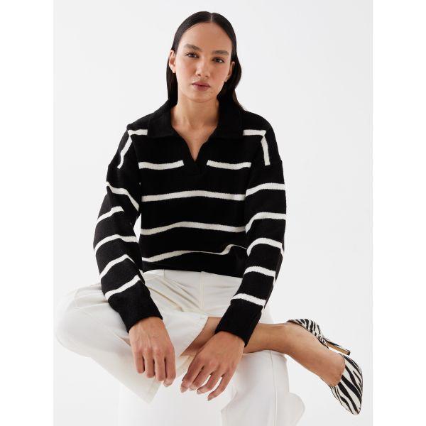 Polo Neck Striped Long-Sleeve Oversized Women's Knitwear Sweater