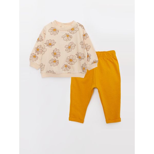 Crew Neck Long Sleeve Printed Baby Girl Sweatshirt and Trousers 2-Pack Set