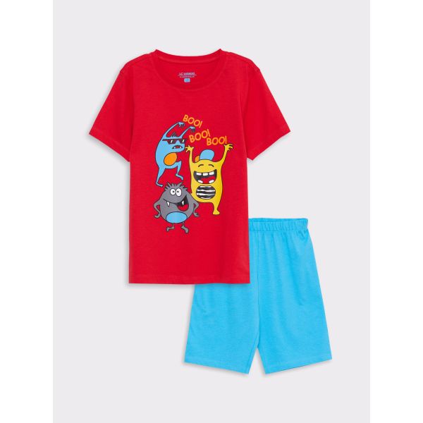 Crew Neck Printed Short Sleeve Boy's Short Pajamas Set