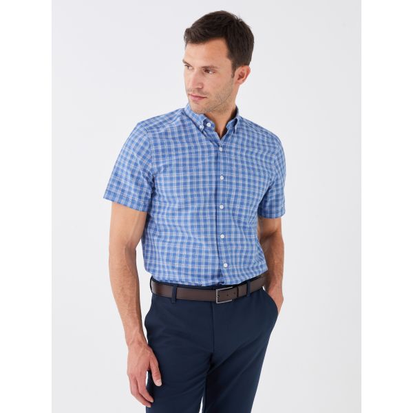 Regular Fit Short Sleeve Plaid Poplin Men's Shirt