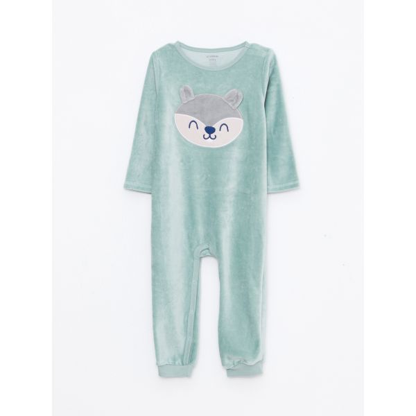 Crew Neck Long Sleeve Embroidery Detailed Baby Boy Velvet Jumpsuit