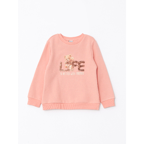 Crew Neck Printed Reversible Sequined Long Sleeve Girl's Sweatshirt