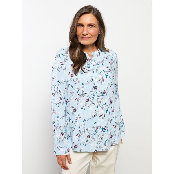 Crew Neck Flower Long Sleeve Viscose Women's Blouse