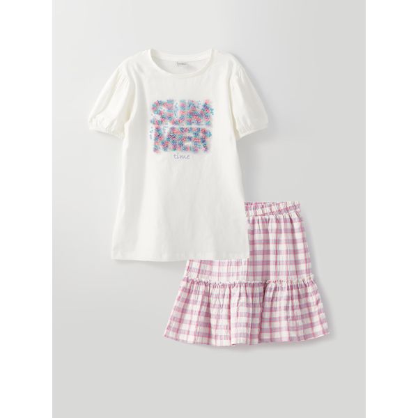 Crew Neck Embroidered Short Sleeve Girl's T-Shirt and Skirt