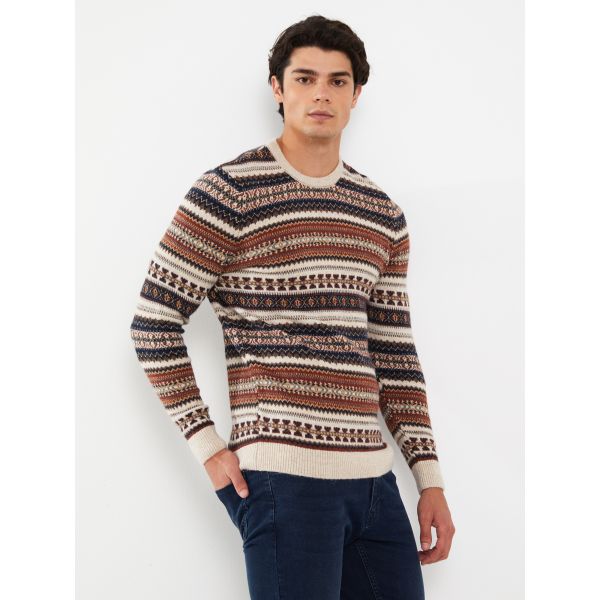 Crew Neck Long Sleeve Patterned Men's Tricot Sweater