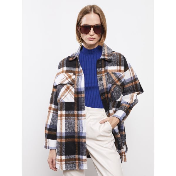 Buttoned Plaid Long Sleeve Gabardine Women's Shirt Jacket