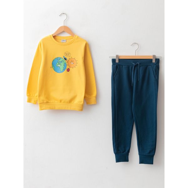 Crew Neck Printed Long Sleeve Boy Sweatshirt and Sweatpants