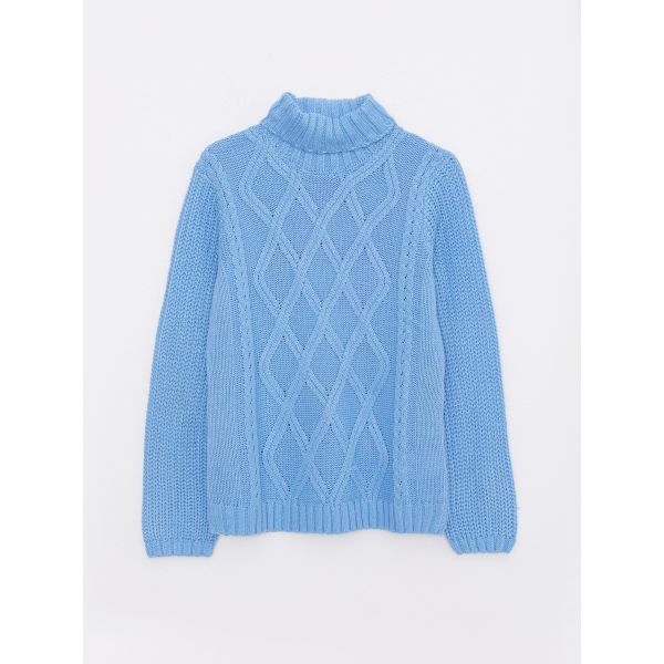 Turtleneck Self Patterned Long Sleeve Girl Tricot Sweater