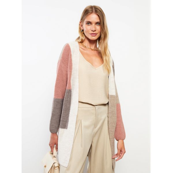 Shawl Neck Long Sleeve Women's Tricot Cardigan with Color Block