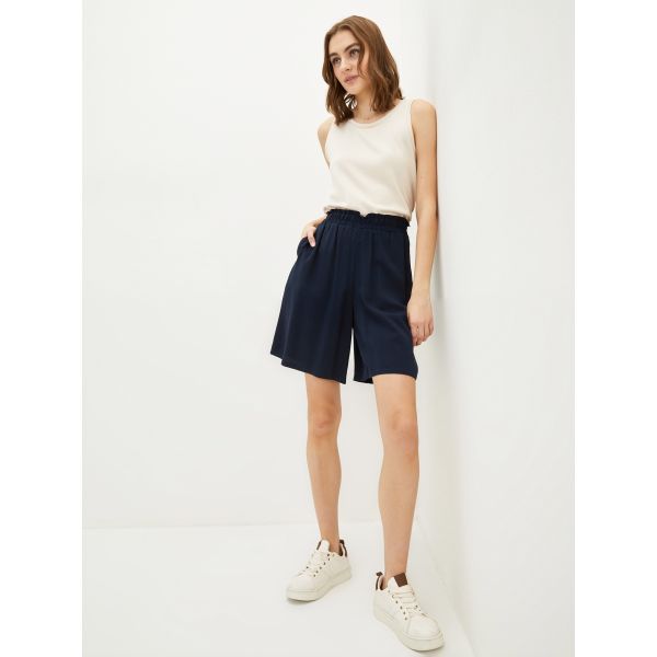 Elastic Waist Plain Pocket Detailed Viscose Women's Shorts