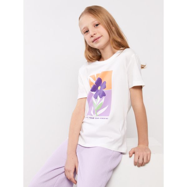 Crew Neck Printed Short Sleeve Girl T-shirt