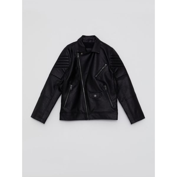 Shirt Neck Faux Leather Boy Coat