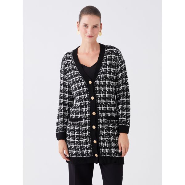 V Neck Patterned Long Sleeve Women's Tricot Cardigan