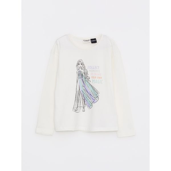 Crew Neck Elsa Printed Long Sleeve Cotton Girl T-shirt