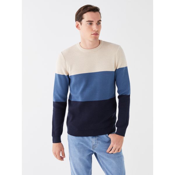 Crew Neck Long Sleeve Men's Tricot Sweater with Color Block