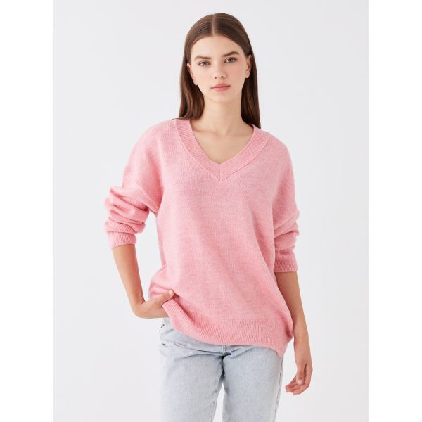 V-Neck Straight Long Sleeve Oversize Women's Knitwear Sweater