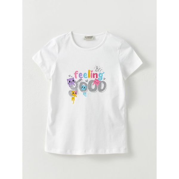 Crew Neck Printed Short Sleeve Cotton Girl T-shirt