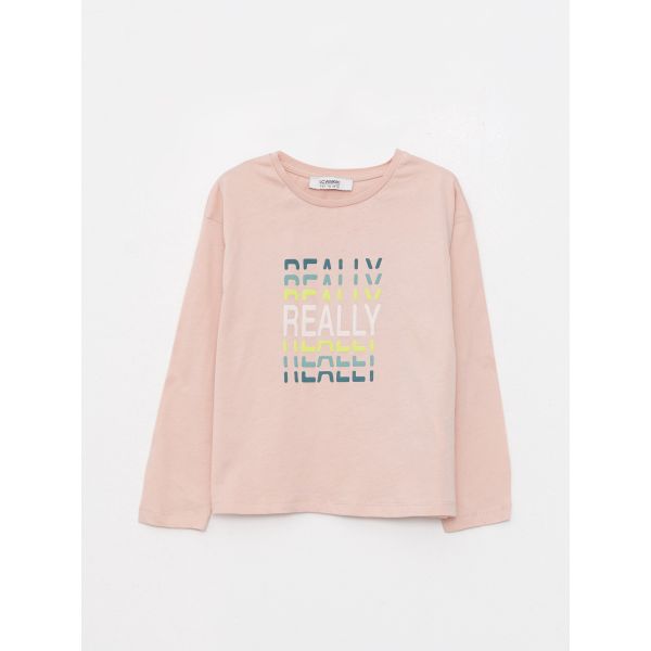 Crew Neck Printed Long Sleeve Cotton Girl T-shirt