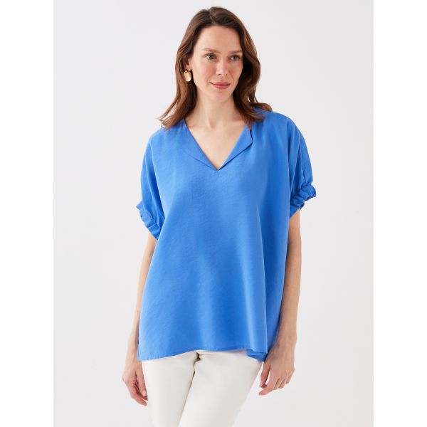 Henley Neckline Straight Short Sleeve Women Blouse