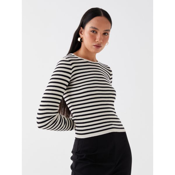 Crew Neck Striped Long Sleeve Women's Tricot Sweater